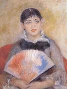 Pierre Auguste Renoir girl witb a f an oil painting
